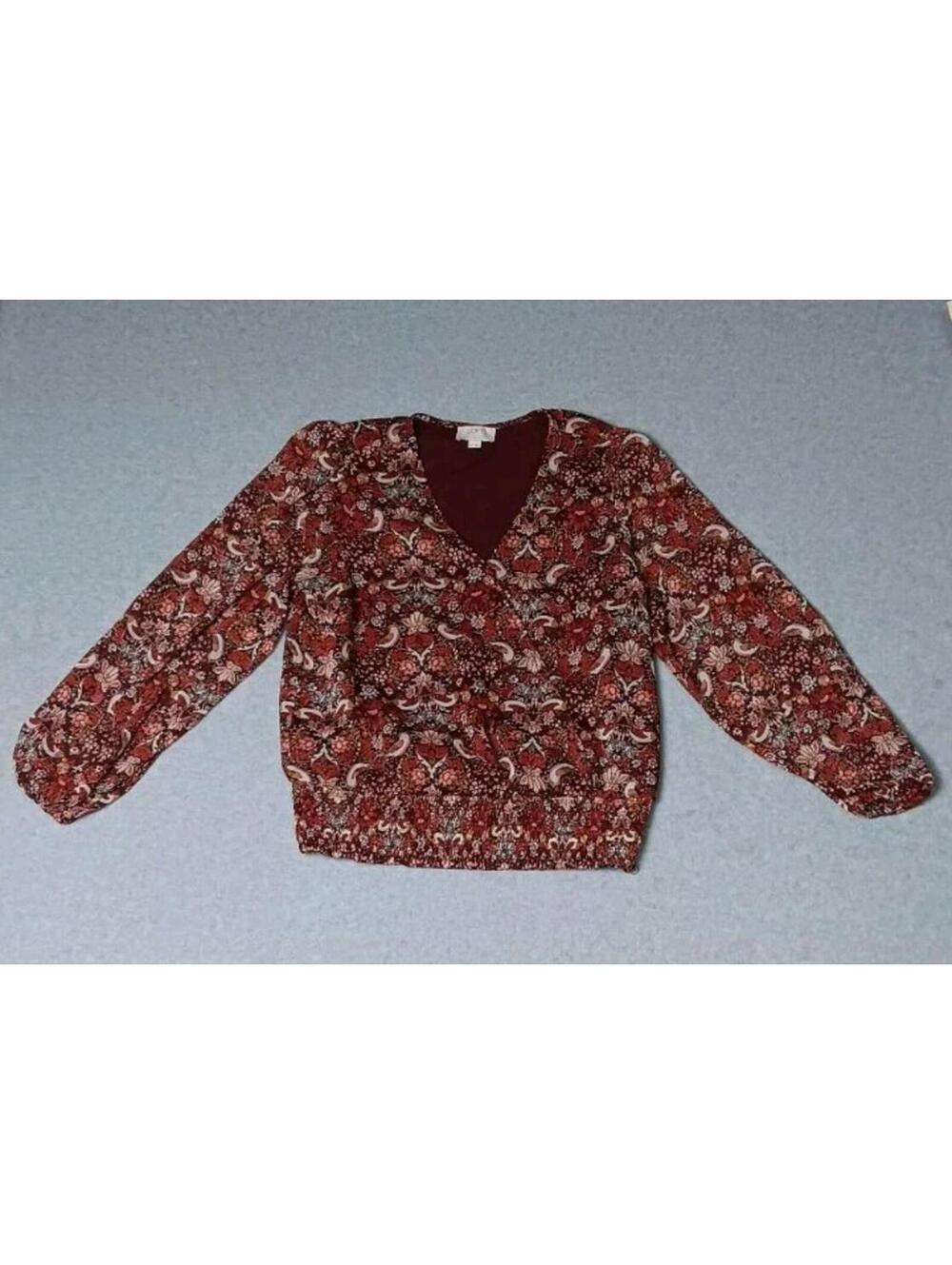 Loft Outlet Sheer Sleeved Blouse Womens Size MP Maroon Floral And Birds Vneck...